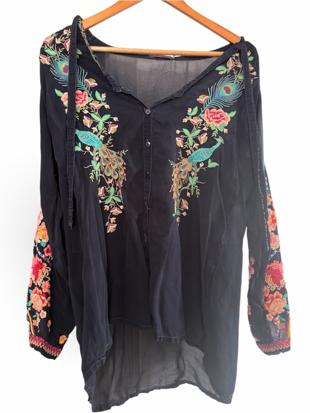 Johnny Was | Navy Embroidered Peacock & Floral Tunic Blouse | XS